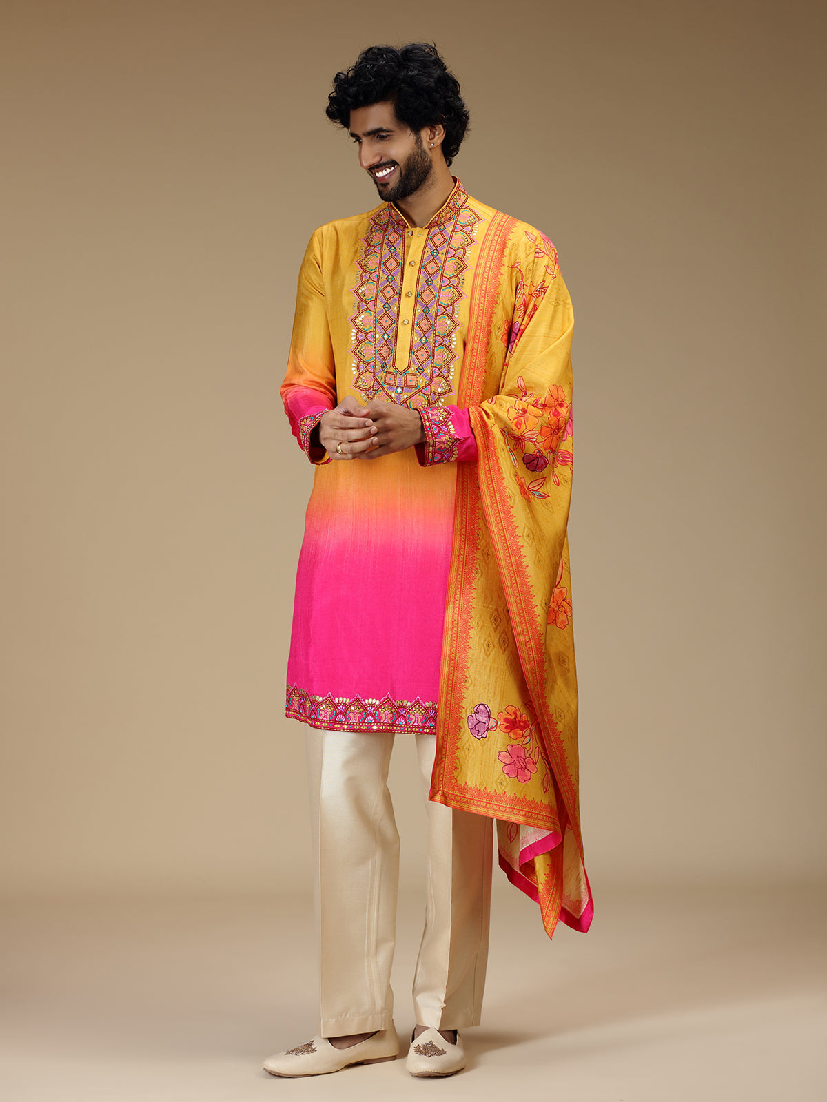 Yellow pink shaded floral silk blend kurta pajama