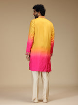 Yellow pink shaded floral silk blend kurta pajama