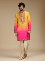 Yellow pink shaded floral silk blend kurta pajama