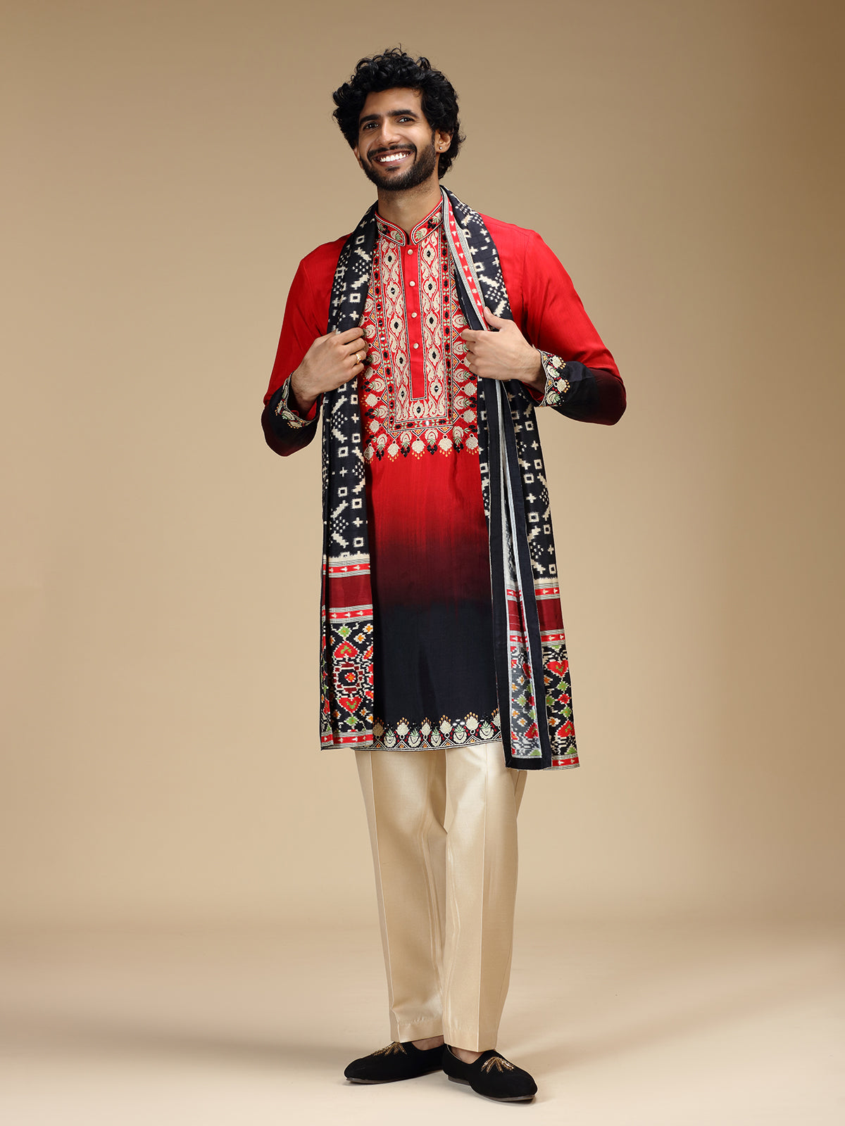 Red black shaded aabla embroidered silk kurta pajama