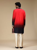 Red black shaded aabla embroidered silk kurta pajama