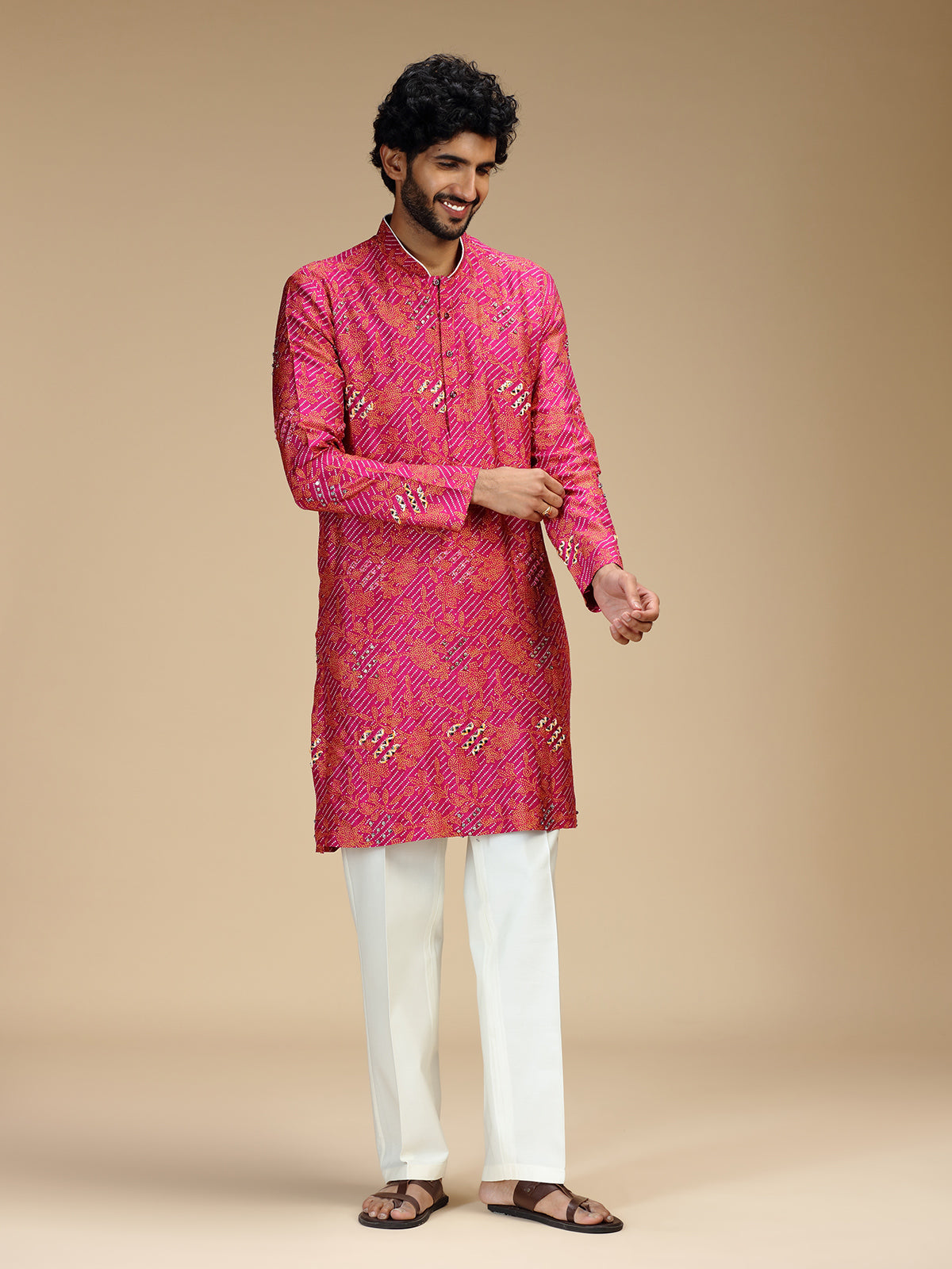 Pink zigzag embroidered silk blend kurta pajama