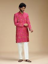 Pink zigzag embroidered silk blend kurta pajama