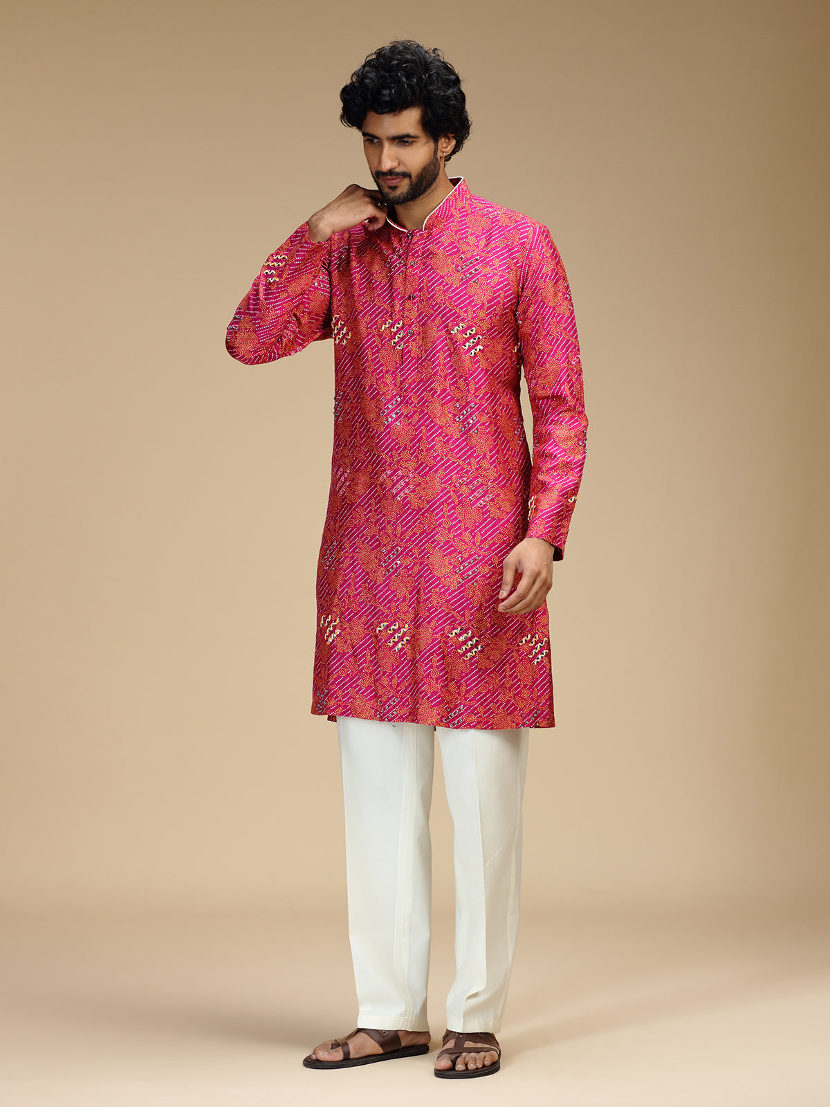 Pink zigzag embroidered silk blend kurta pajama
