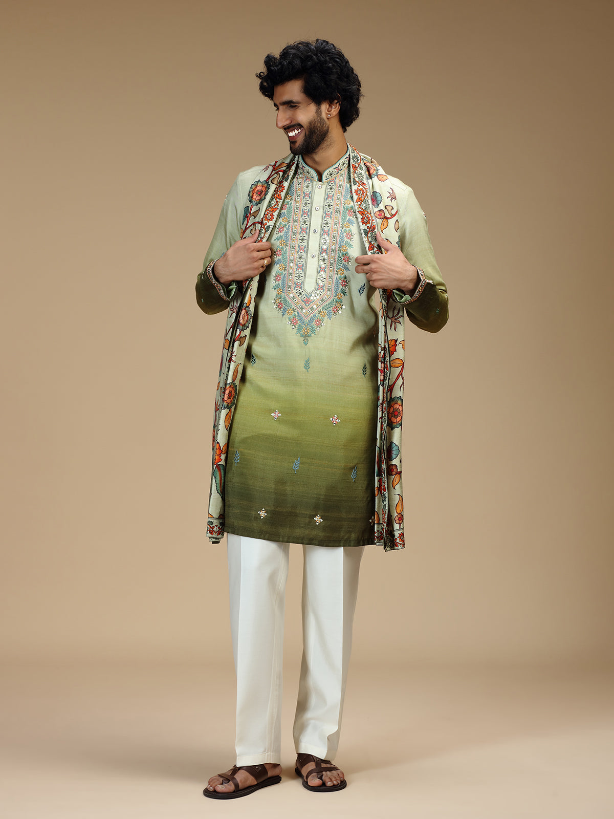 Green shaded embroidered silk blend kurta pajama