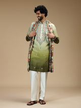Green shaded embroidered silk blend kurta pajama