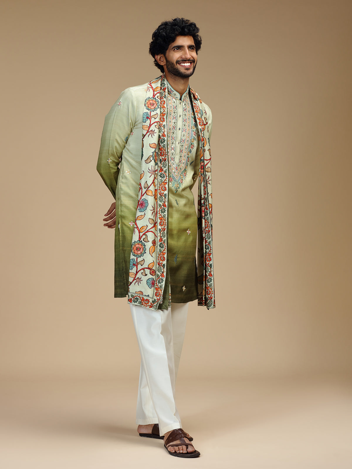 Green shaded embroidered silk blend kurta pajama