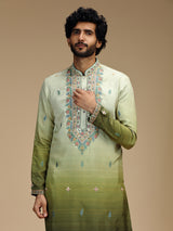 Green shaded embroidered silk blend kurta pajama