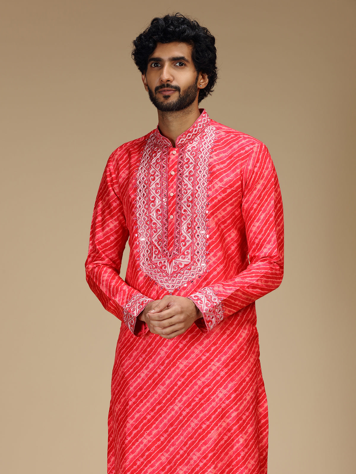 Pink leheriya embroidered silk blend kurta pajama