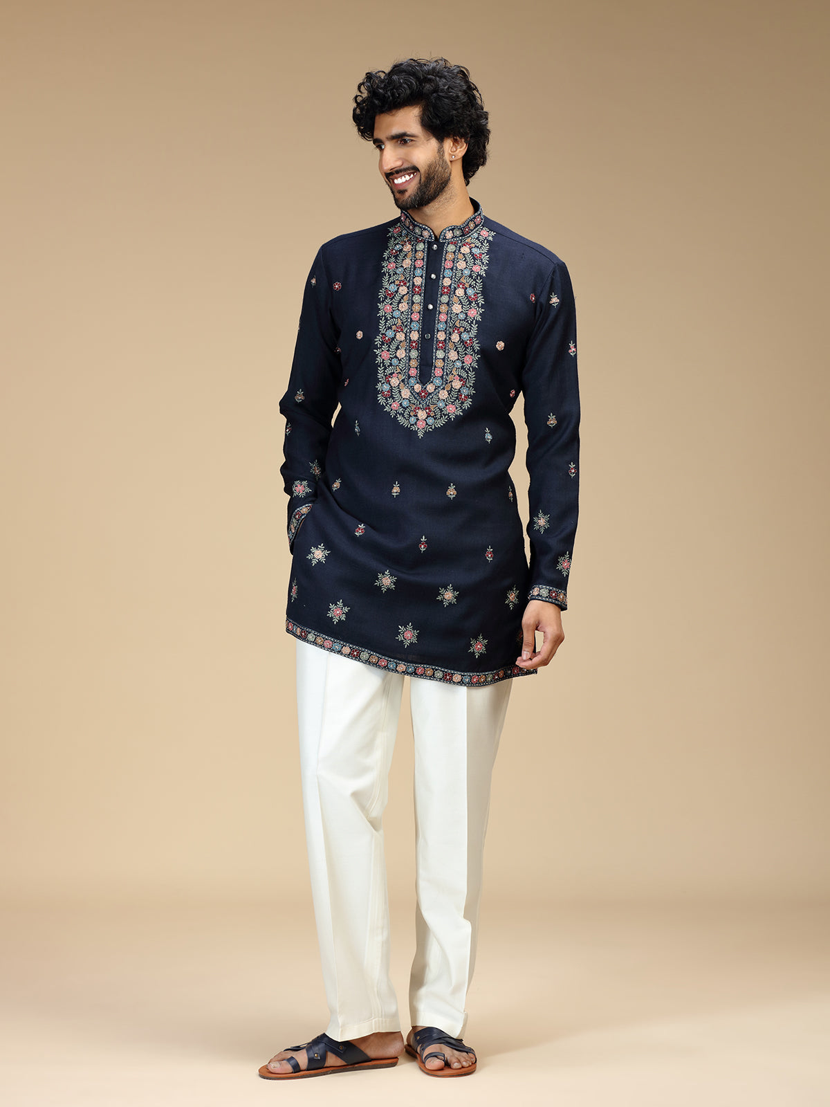 Navy blue floral zari embroidered Pashmina kurta pajama