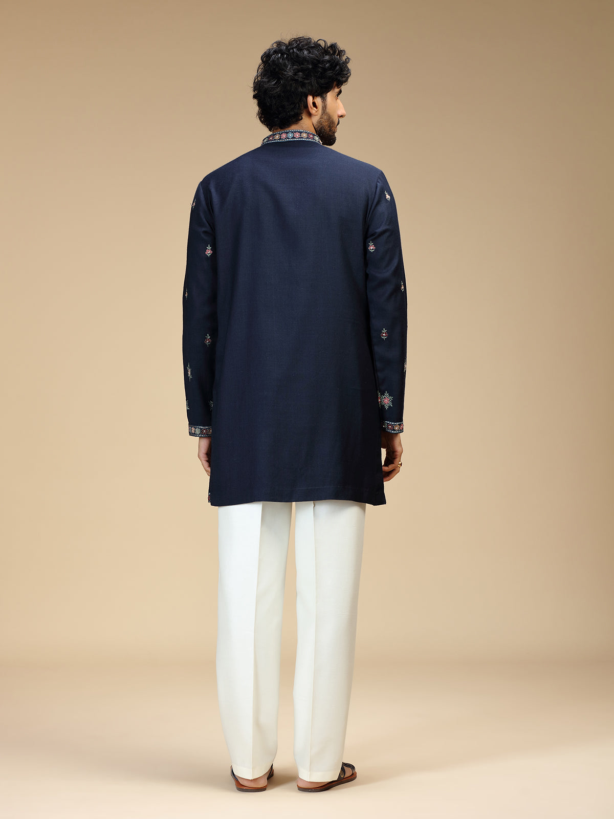 Navy blue floral zari embroidered Pashmina kurta pajama
