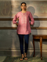 Pink cotton blend women short tunic with floral embroidery