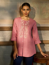 Pink cotton blend women short tunic with floral embroidery
