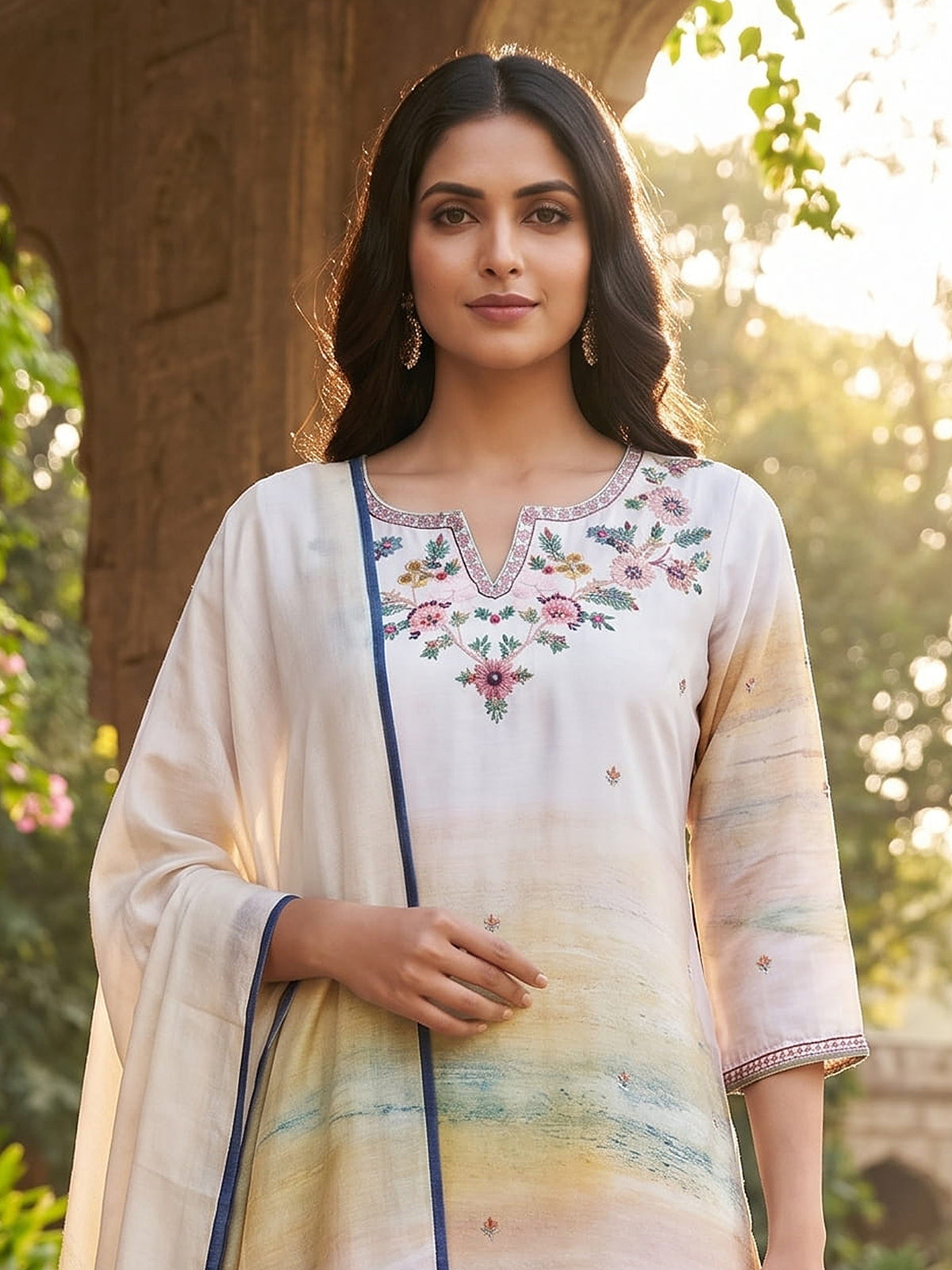Off white cotton blend women kurti set with kashmiri embroidery