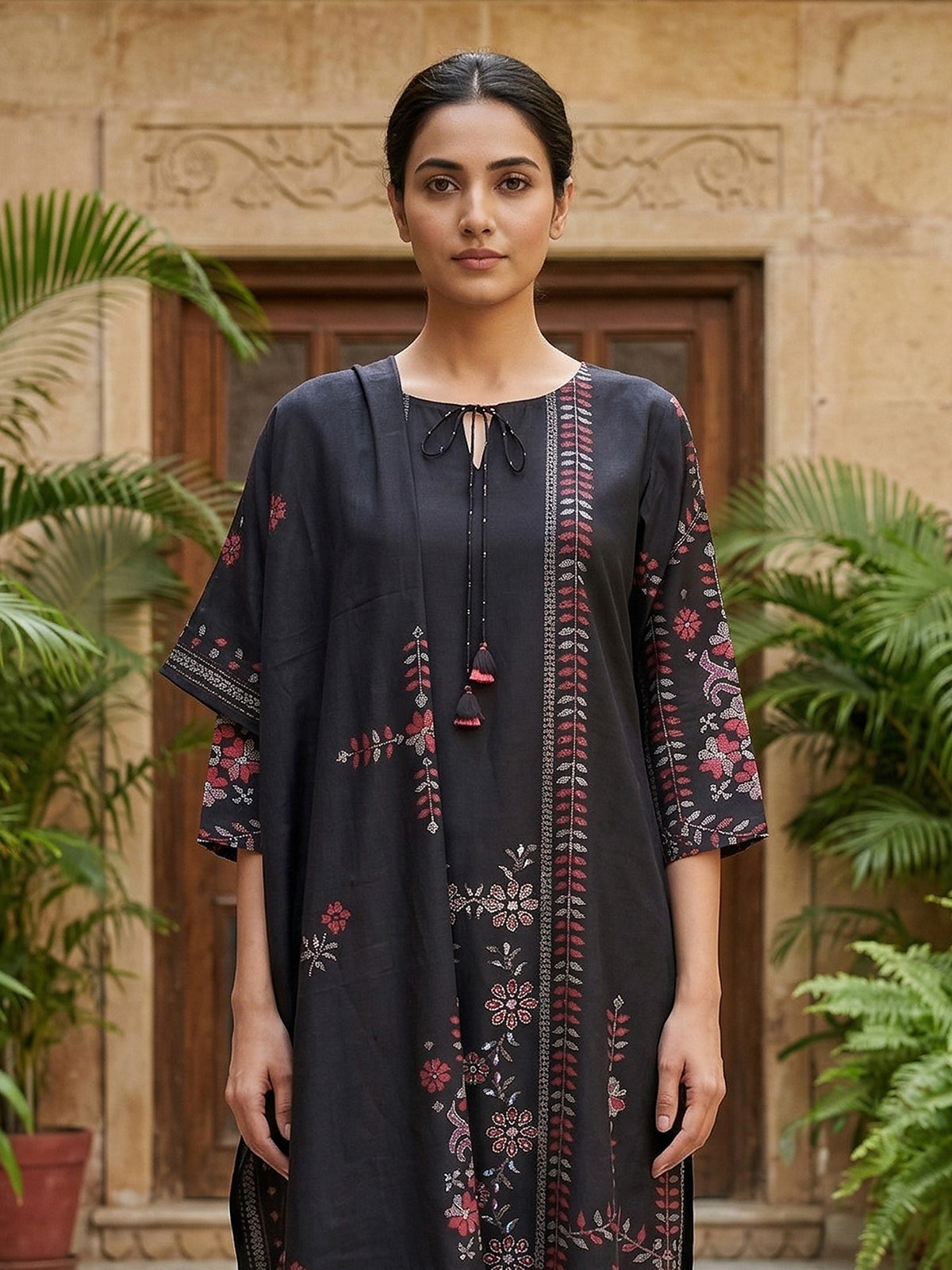 Black cotton blend women kurti set with beaded tassels