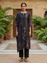 Black cotton blend women kurti set with beaded tassels