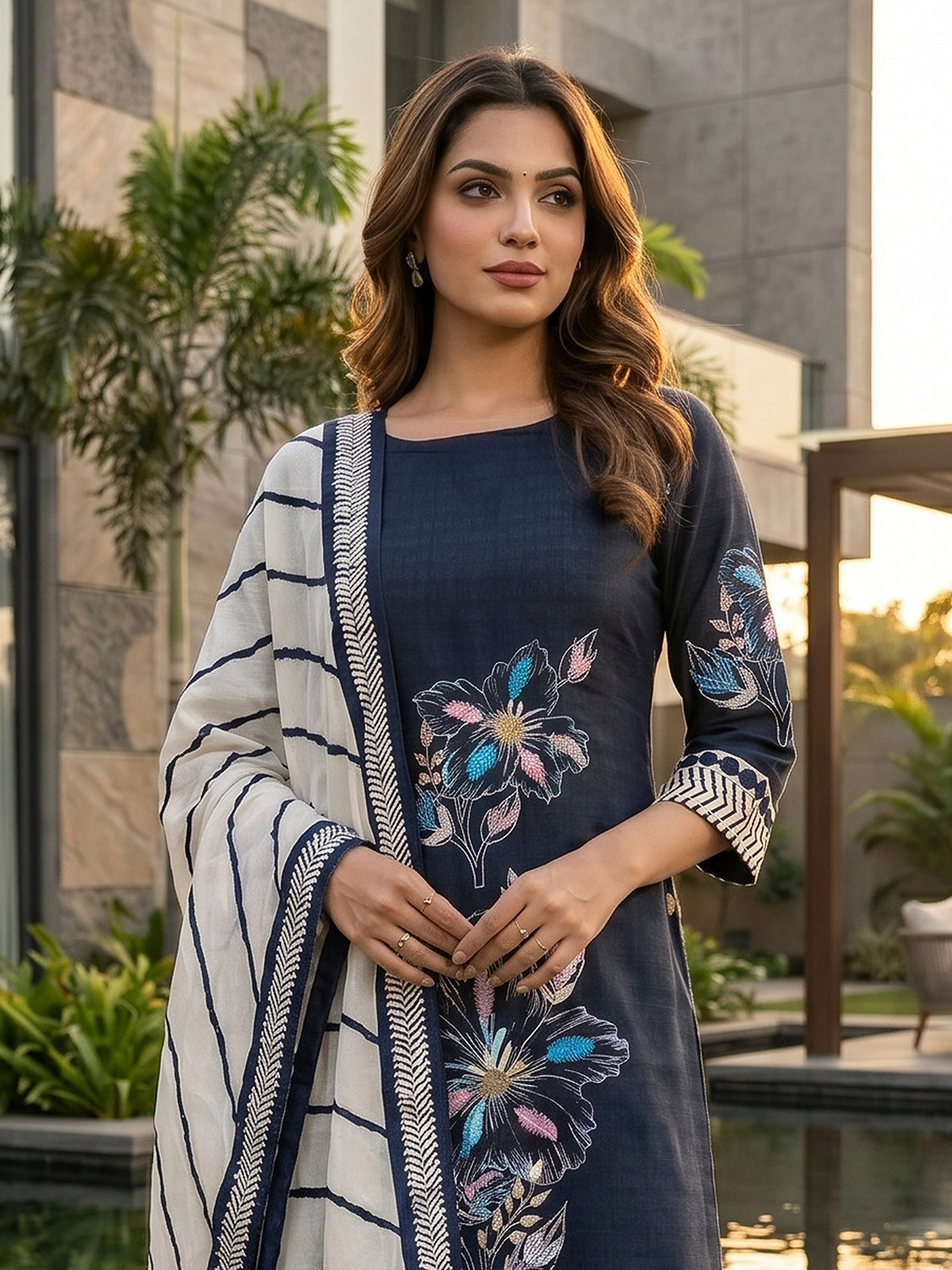Navy blue cotton blend women kurti set with dupatta