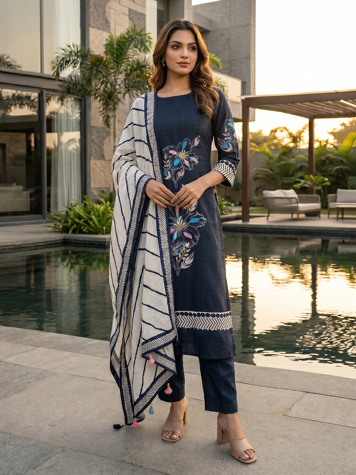 Navy blue cotton blend women kurti set with dupatta