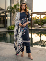 Navy blue cotton blend women kurti set with dupatta