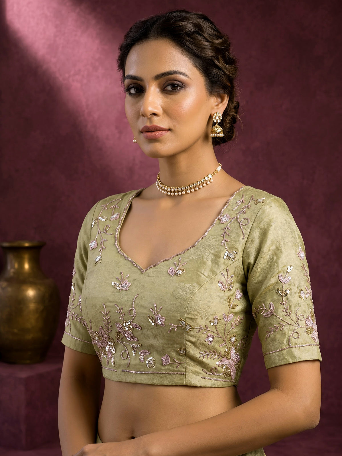 Mehendi yellow silk jacquard lehenga choli with floral work