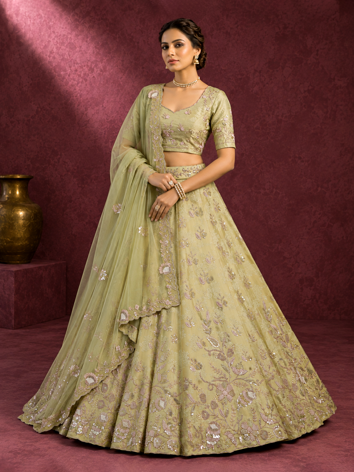Mehendi yellow silk jacquard lehenga choli with floral work