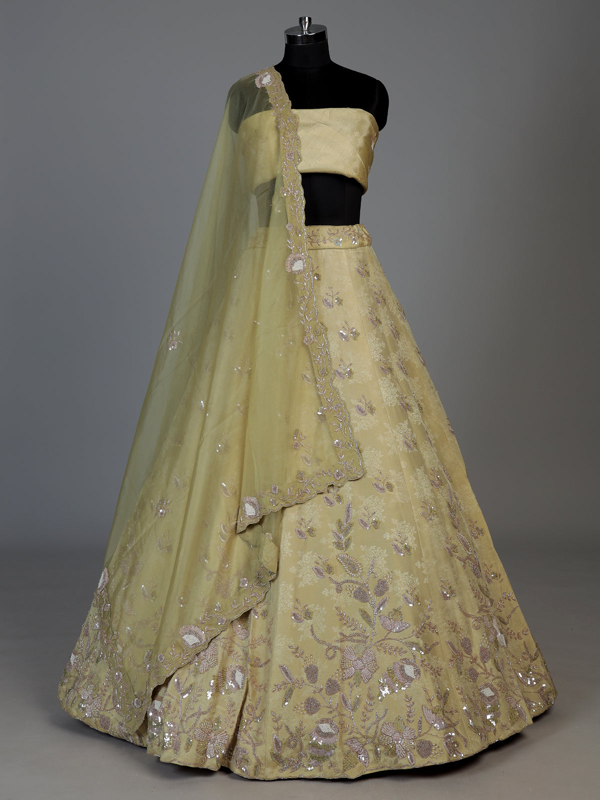 Mehendi yellow silk jacquard lehenga choli with floral work