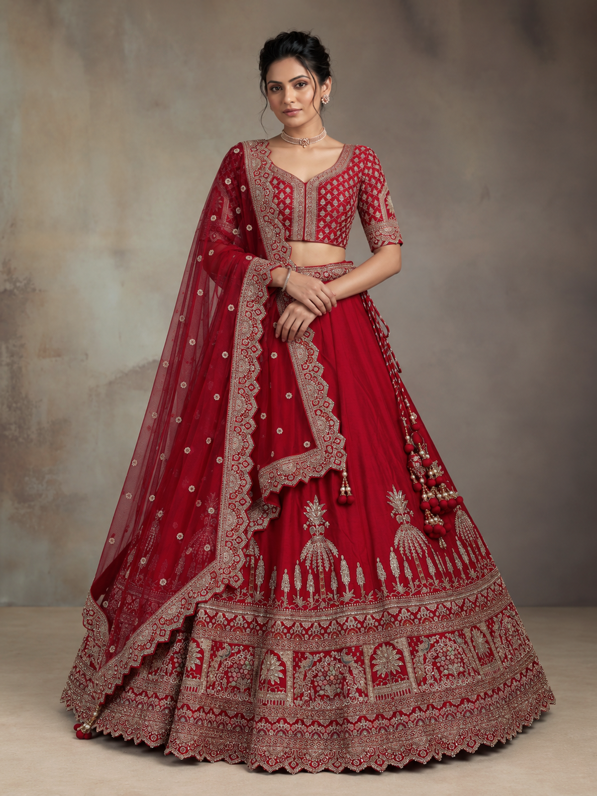 Red raw silk bridal lehenga choli with mughal motifs