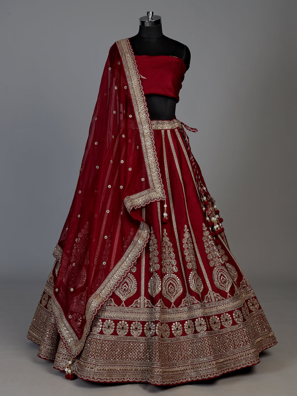 Maroon raw silk bridal lehenga choli with cutdana work