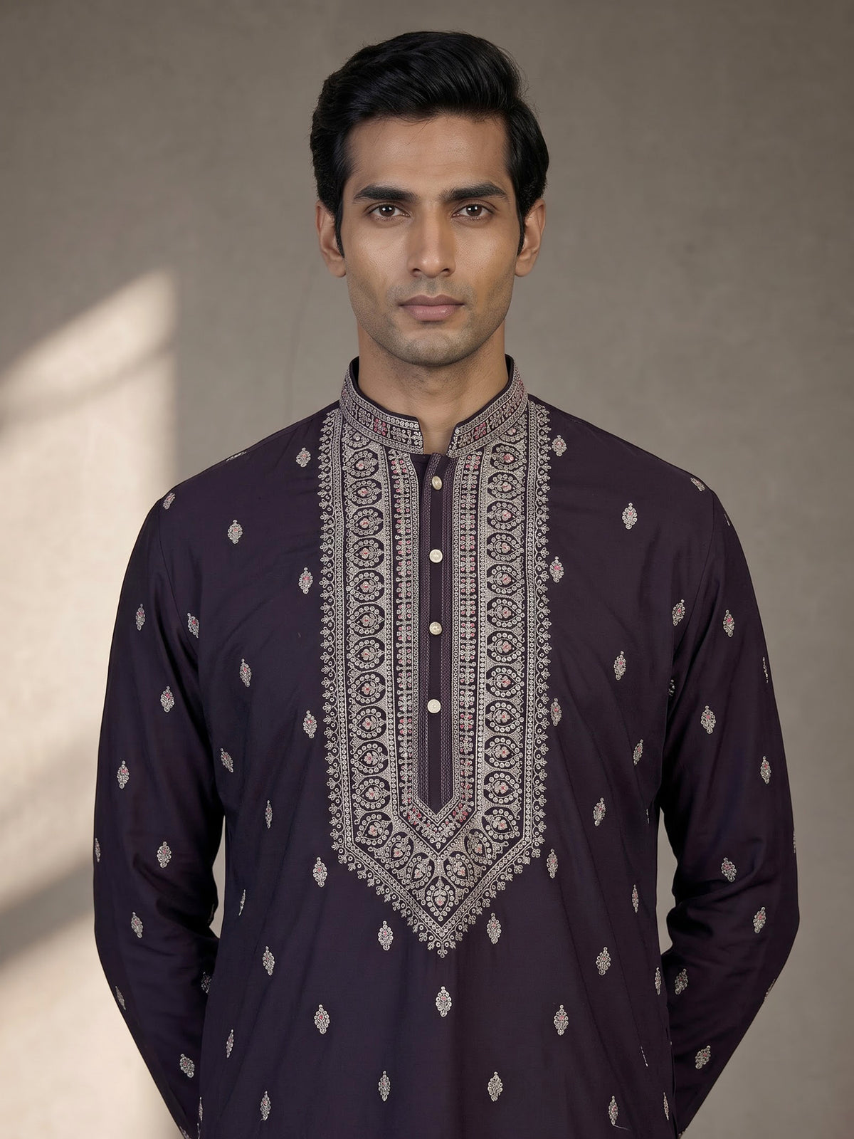 Midnight black georgette embroidered men kurta suit