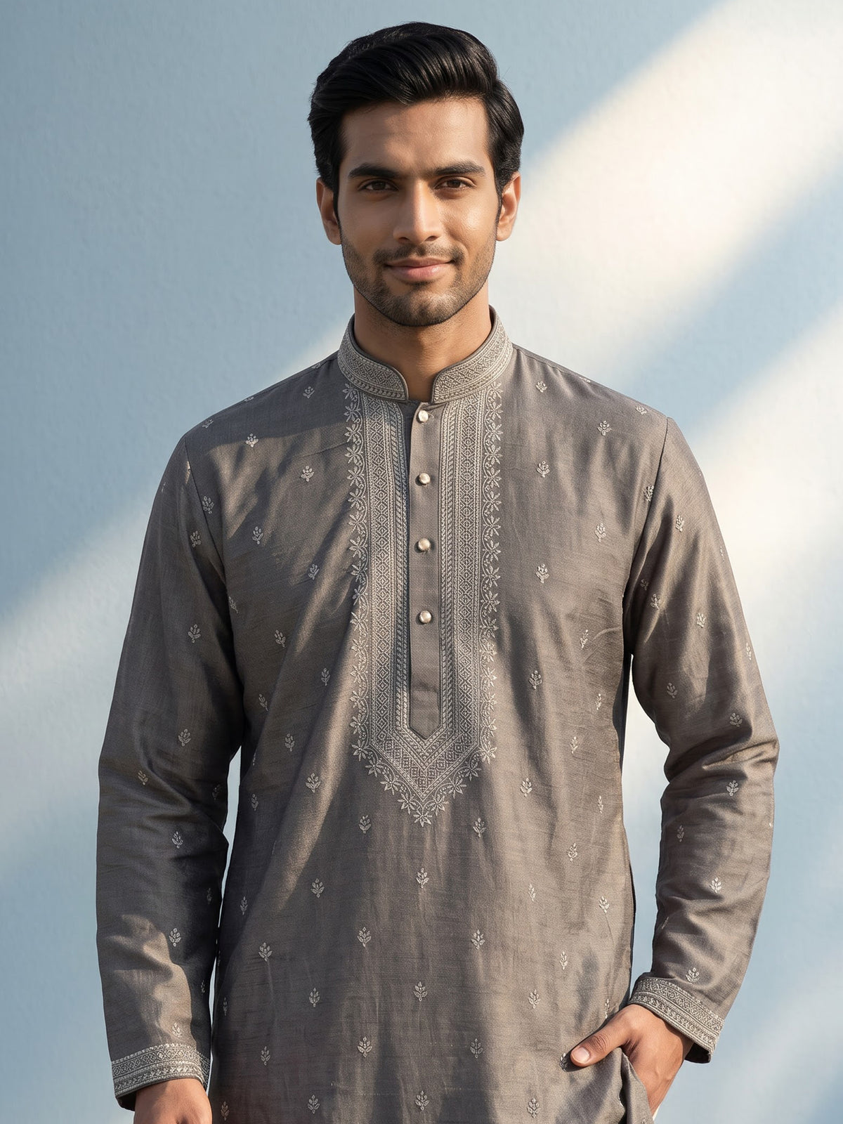 Metallic charcoal grey silk blend three piece men kurta suit