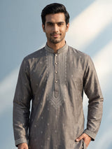 Metallic charcoal grey silk blend three piece men kurta suit