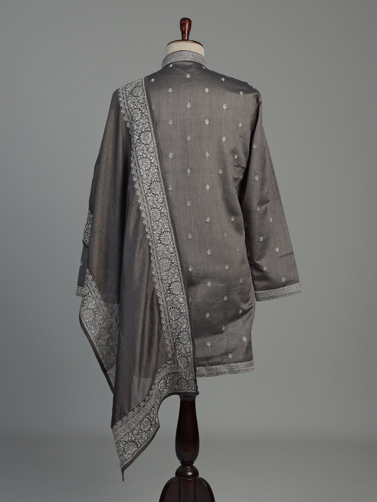 Metallic charcoal grey silk blend three piece men kurta suit