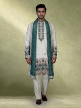 Ivory-white raw silk blend men kurta suit with teal bandhani stole