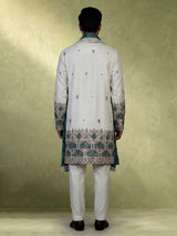 Ivory-white raw silk blend men kurta suit with teal bandhani stole