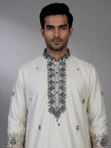 Ivory-white raw silk blend men kurta suit with teal bandhani stole