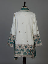 Ivory-white raw silk blend men kurta suit with teal bandhani stole