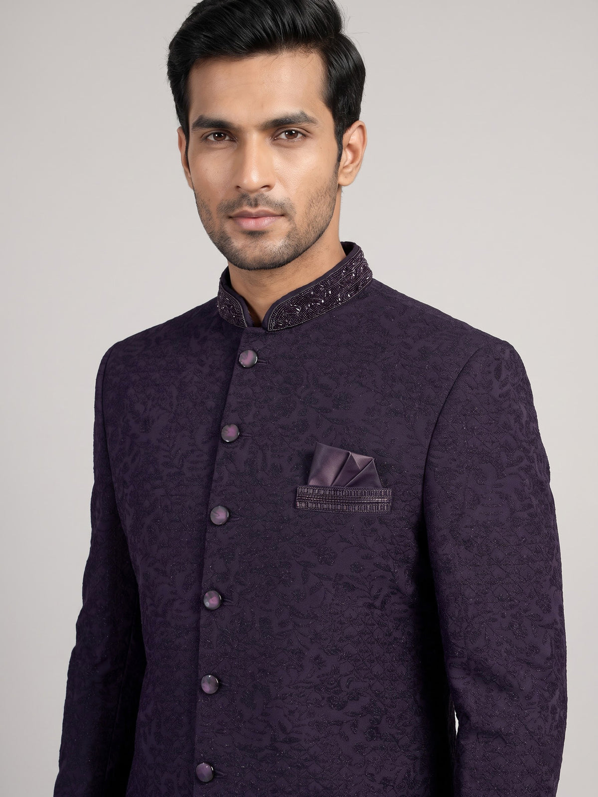 Midnight plum wine achkan style men Indo western set