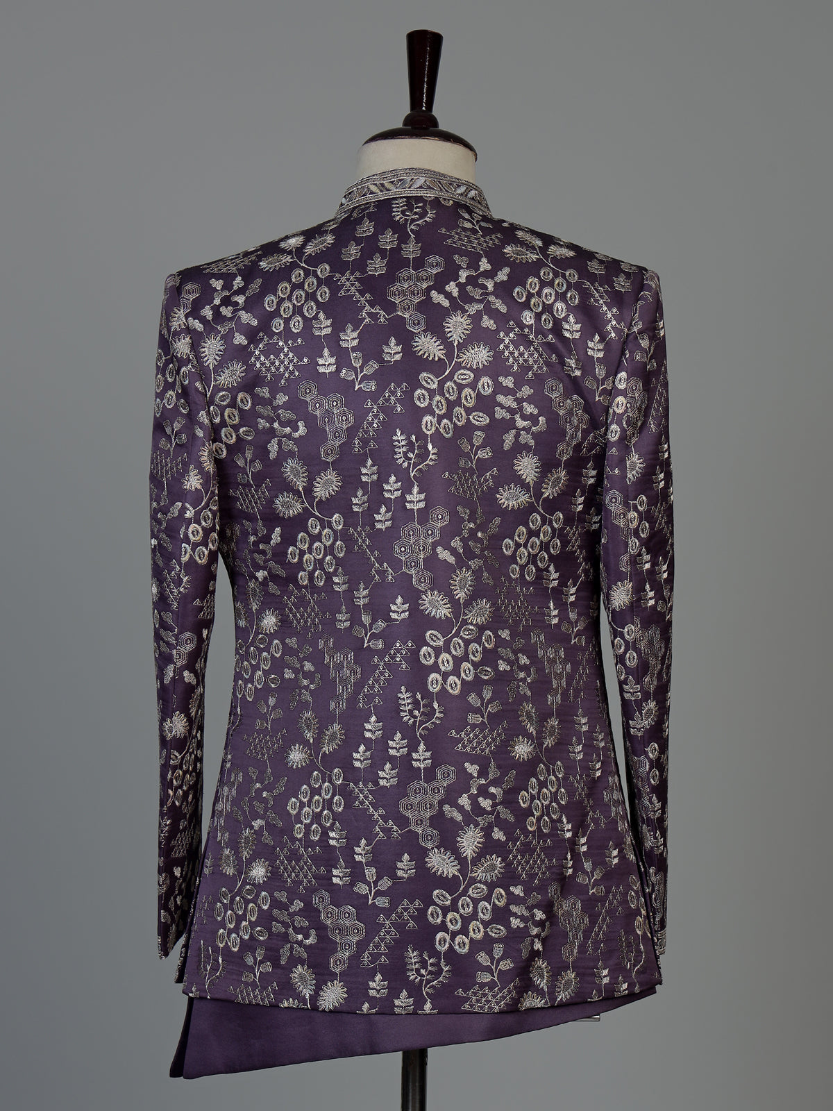 Deep purple silk blend men Indo western set with jacket