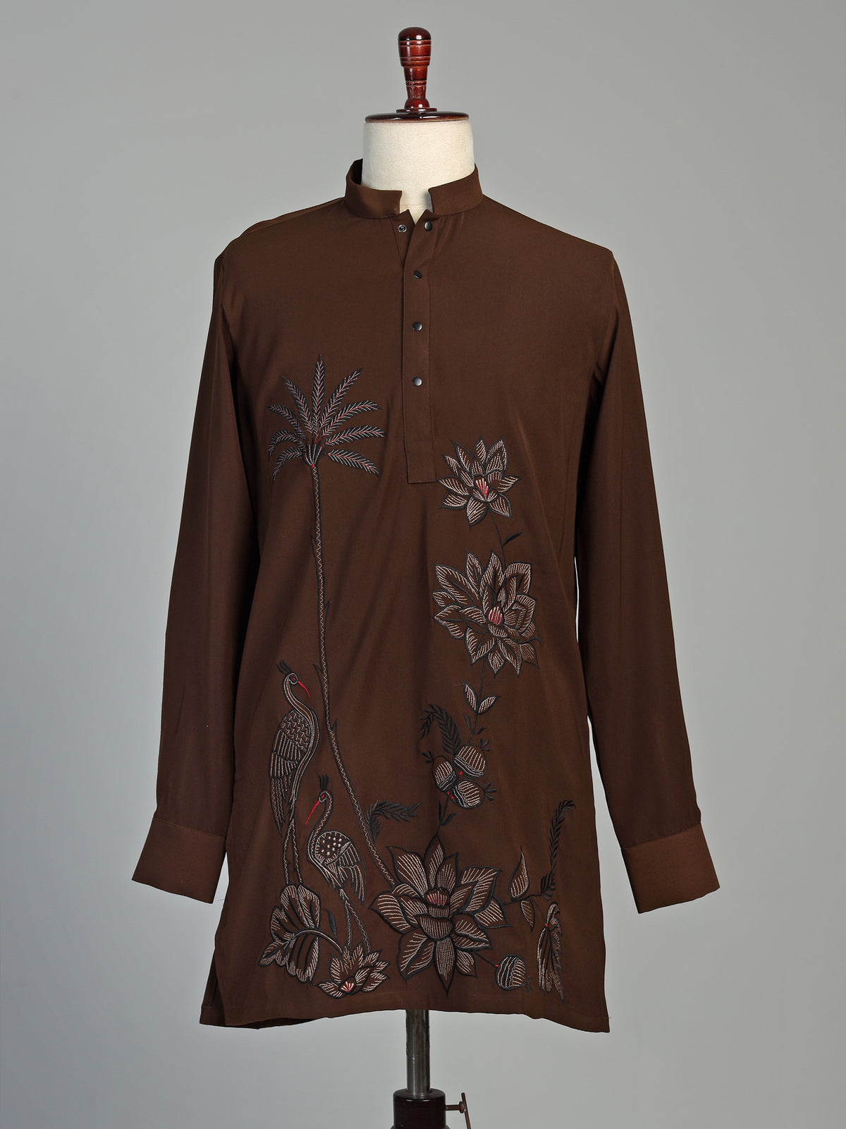 Dark chocolate brown cotton short kurta with embroidery
