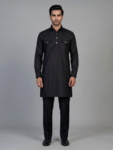 Classic black cotton linen men pathani suit