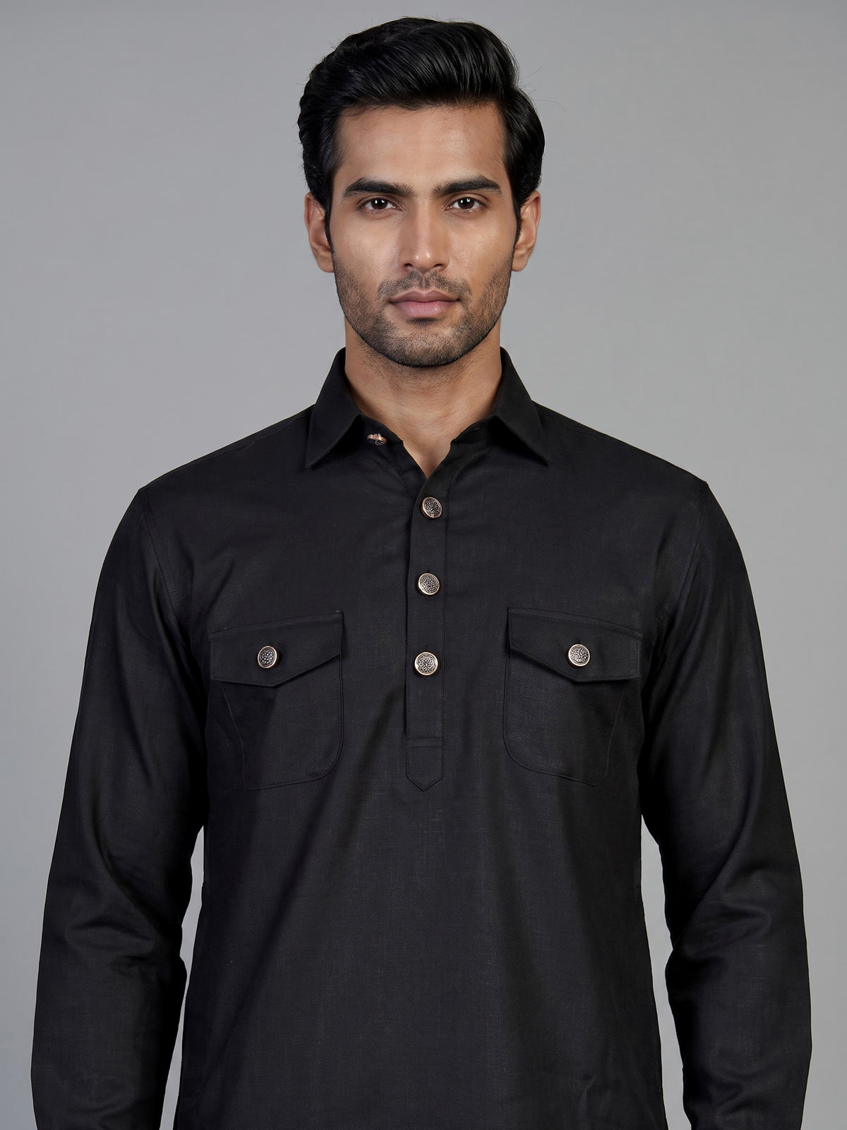 Classic black cotton linen men pathani suit