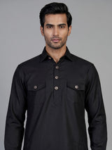 Classic black cotton linen men pathani suit