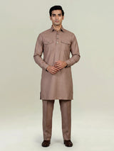 Dark beige cotton linen men pathani suit