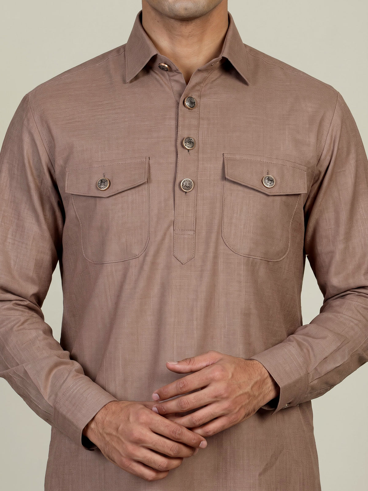Dark beige cotton linen men pathani suit