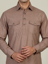 Dark beige cotton linen men pathani suit