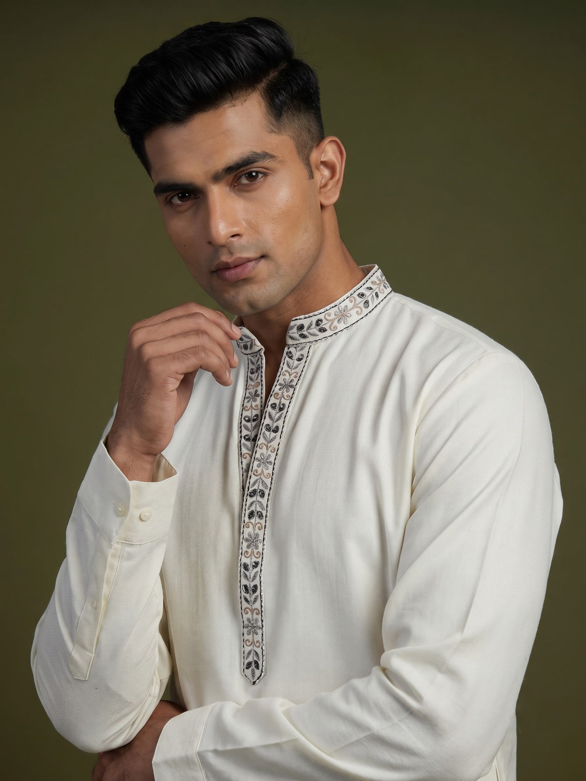 White cotton kurta suit for men with embroidery work