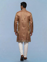 Pastel brown printed silk kurta suit for men with sequins