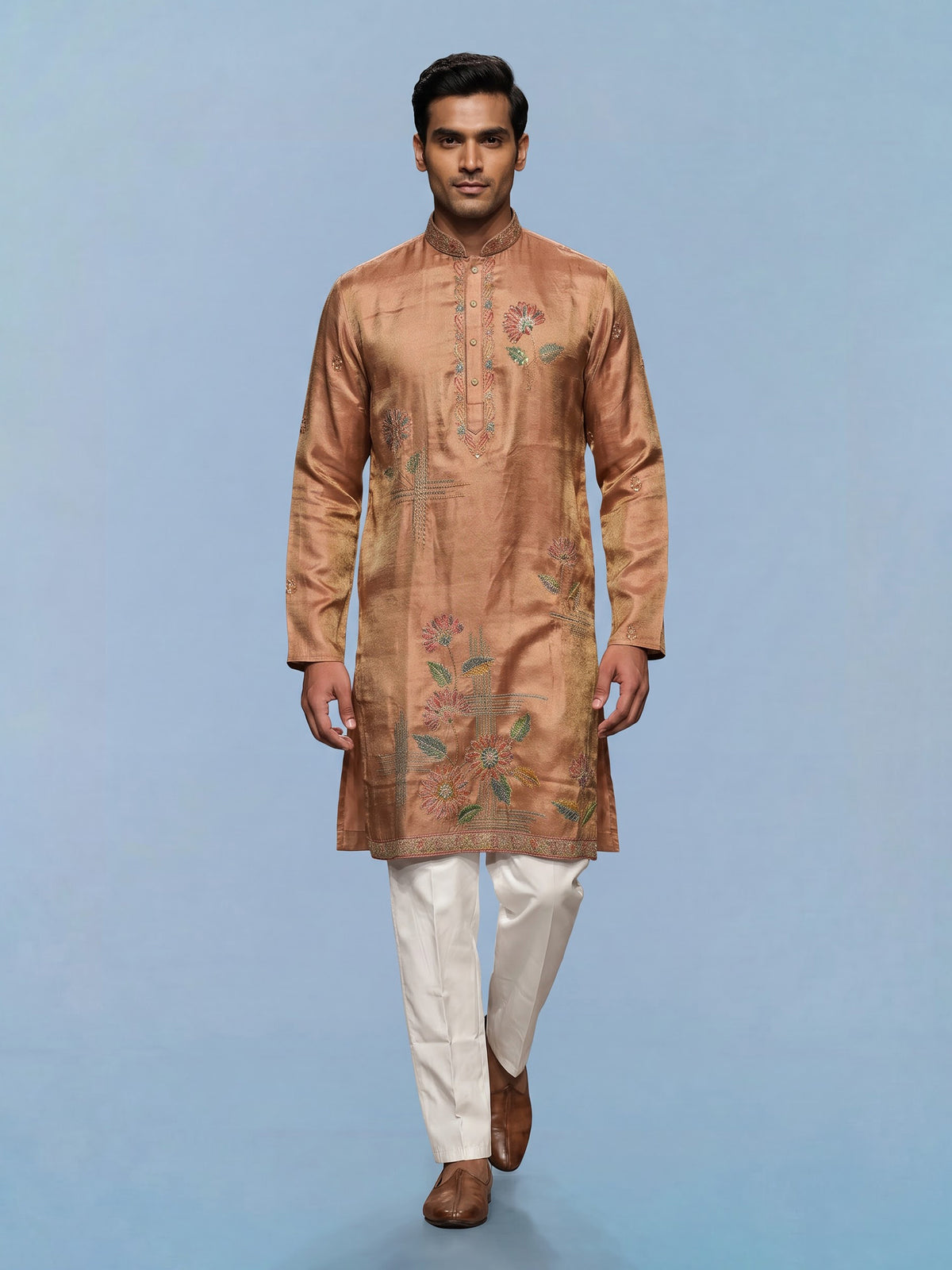 Pastel brown printed silk kurta suit for men with sequins