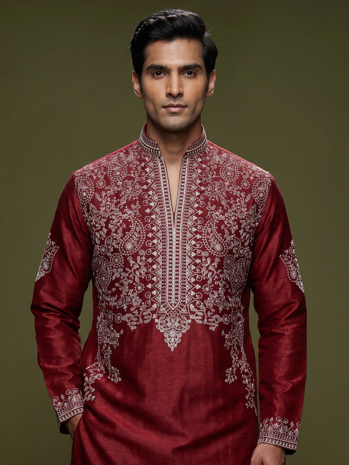 Maroon silk kurta suit for men with refined embroidery work