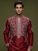 Maroon silk kurta suit for men with refined embroidery work